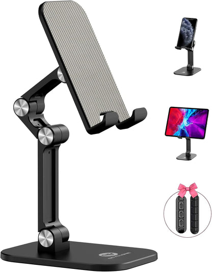 OCYCLONE Phone Stand, Cell Phone Stand Holder for Desk Office Accessories Adjustable Height and Angle Foldable iPhone Stand Compatible with 4"-13" All Phones iPad Tablet - Black