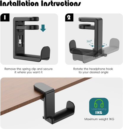 Rotating Headphone Hook - Under Desk Headphone Holder with 360-Degree Adjustable Rotation&Cable Clip Organizer - Black