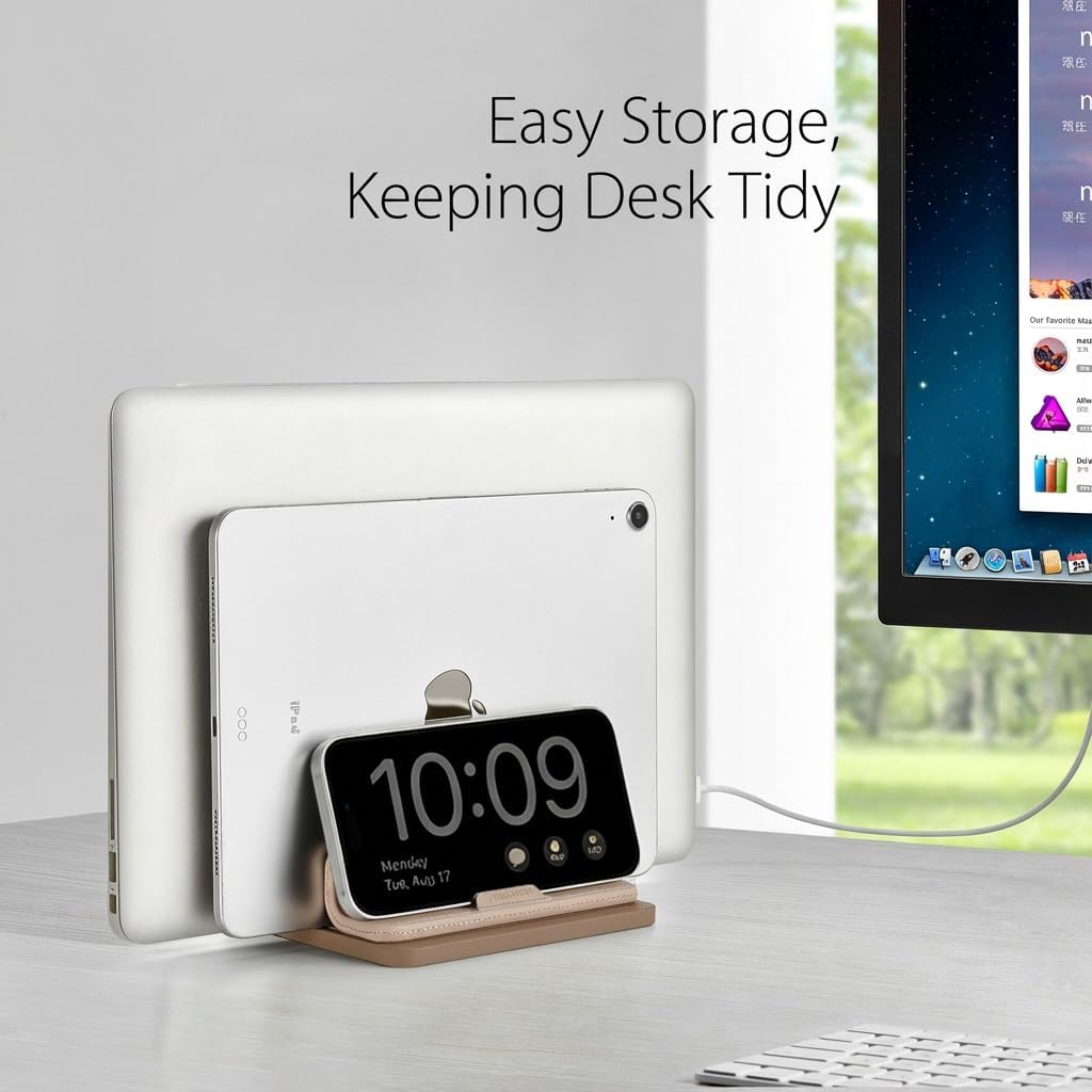 Dual Vertical Laptop Stand, 3 in 1 Upright Desktop Stand Holder with Adjustable Dock (Up to 17.3''), Leather Laptop Rack Storage Desk Organizer for Phone, Tablet, MacBook/HP/Dell/Chrome Book (Black)