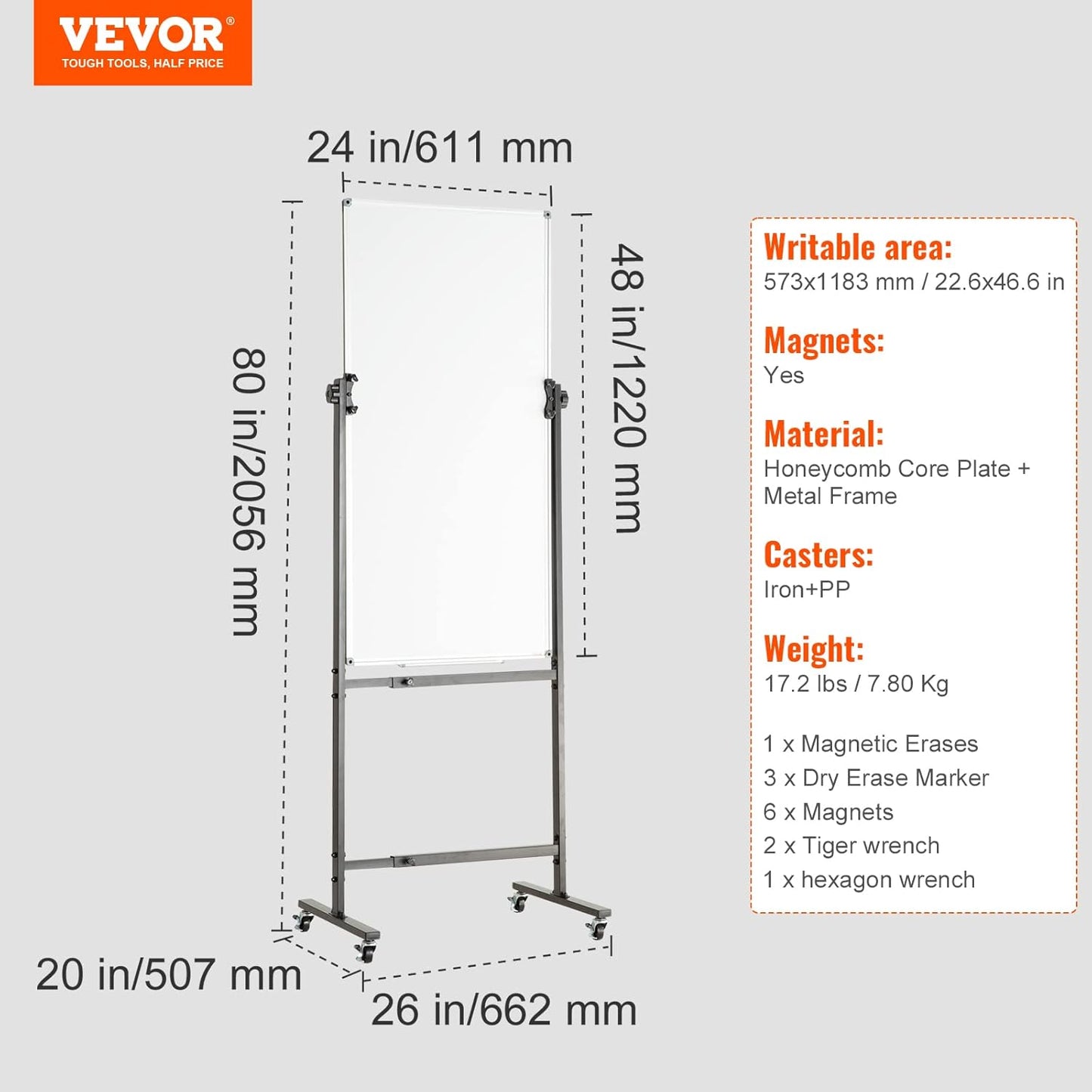VEVOR Magnetic Glass Whiteboard, Dry Erase Board 36"x24", Wall-Mounted Large White Glassboard Frameless, with Marker Tray, an Eraser and 2 Markers, Black
