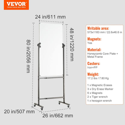 VEVOR Magnetic Glass Whiteboard, Dry Erase Board 36"x24", Wall-Mounted Large White Glassboard Frameless, with Marker Tray, an Eraser and 2 Markers, Black