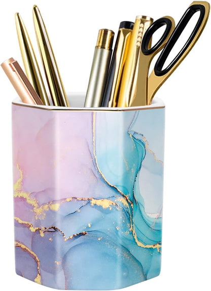 Pen Holder, Pencil Holder for Desk, Marble Desk Organizer Cute, Durable Ceramic Pencil Cup, Decorative Makeup Brush Holder Cup, Stationery Holder for Office, Home, Gray Marble