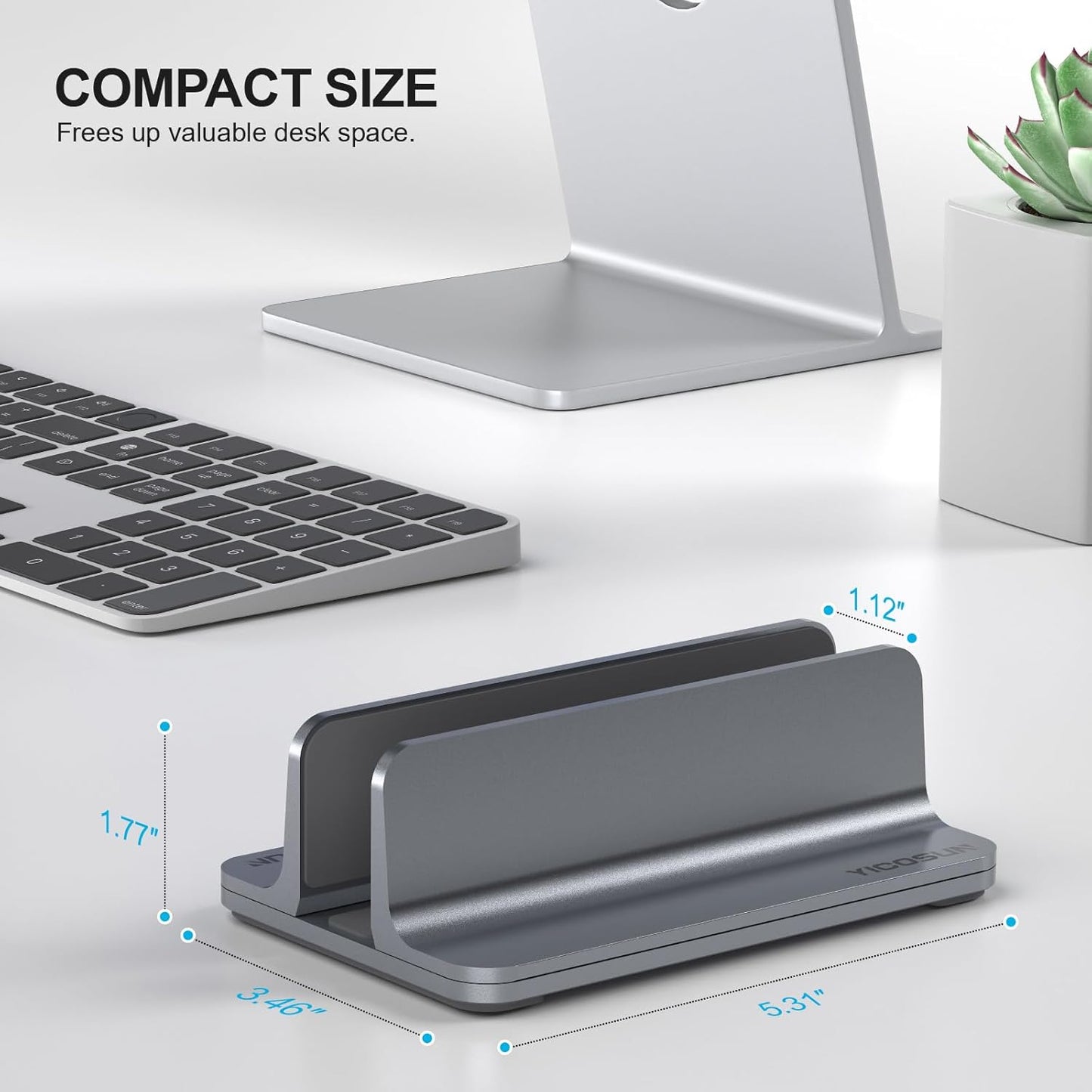 YICOSUN Dual-Slot Aluminum Vertical Laptop Stand for Desk - Adjustable Width Dock for MacBook, Surface, Samsung, HP, Dell up to 17.3 inches - Space-Saving & Protective Design - Gray
