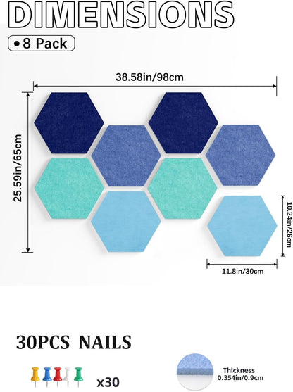 8 Pack Hexagon Felt Bulletin Board Tiles - 12" Large Thick Pin Board for Walls with 30 Push Pins, DIY Boards for Office Home School Decor, Aesthetic Hex Cork Board Alternative