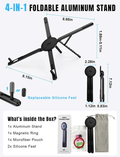 4-in-1 Foldable Laptop Stand & Magnetic Phone Holder, Silver Aerospace Aluminum Portable Desk Mount with N52 MagSafe Compatible Tripod Handle for MacBook Pro, iPad, Travel & Vlogging
