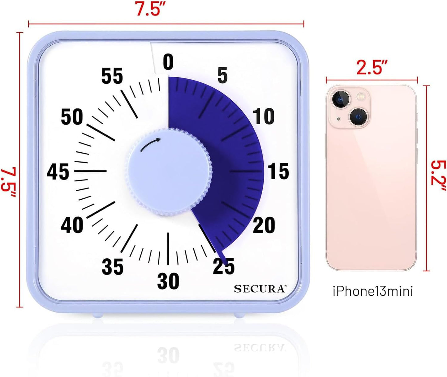 Secura 60-Minute Visual Countdown Timer, 7.5-Inch Oversize Classroom Visual Timer for Kids and Adults, Durable Mechanical Kitchen Timer Clock with Magnetic Backing (Blue)