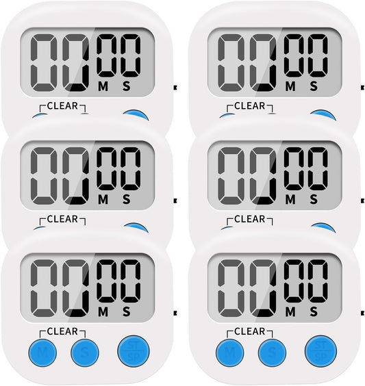 LinkDm 6 Pack Small Digital Kitchen Timer Magnetic Back and ON/Off Switch,Minute Second Count Up Countdown, White