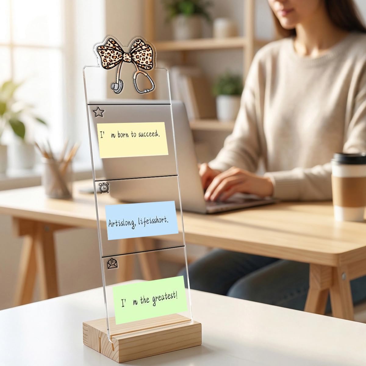 Monitor Memo Board Computer Monitor Memo Board Sticky Note Organizer Kidney Acrylic Desk Accessories Removable Wooden Base Set Sticky Notes 100 Sheets 11.8×3.1 inches