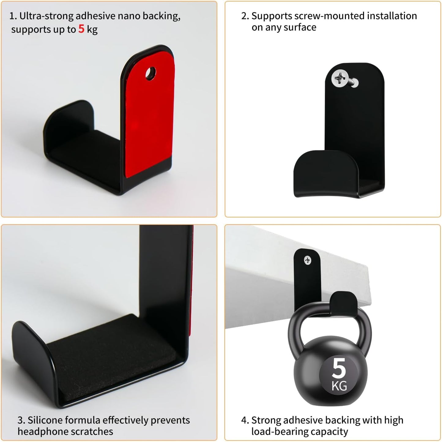 Strong Adhesive Headphone Holder Under Desk, Aluminum Headset Mount Hook with Rubber Pad - 2 Installation Styles for Gaming, Office, Classroom (1 Pack)