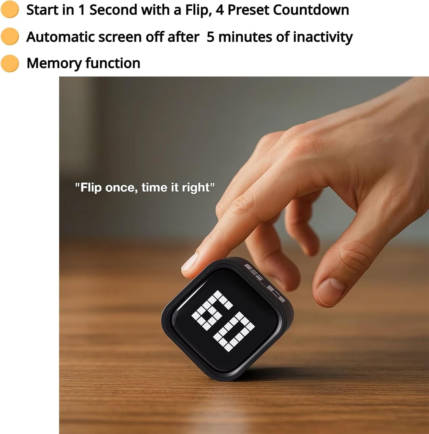Rotating Digital Cube Timer with Gravity Sensor, 5/10/30/60 Min Preset & Custom Up to 99 Min, USB-C Rechargeable Stopwatch, Vibration Volume Mute Alert for Pomodoro Focus Study Kitchen (Black)