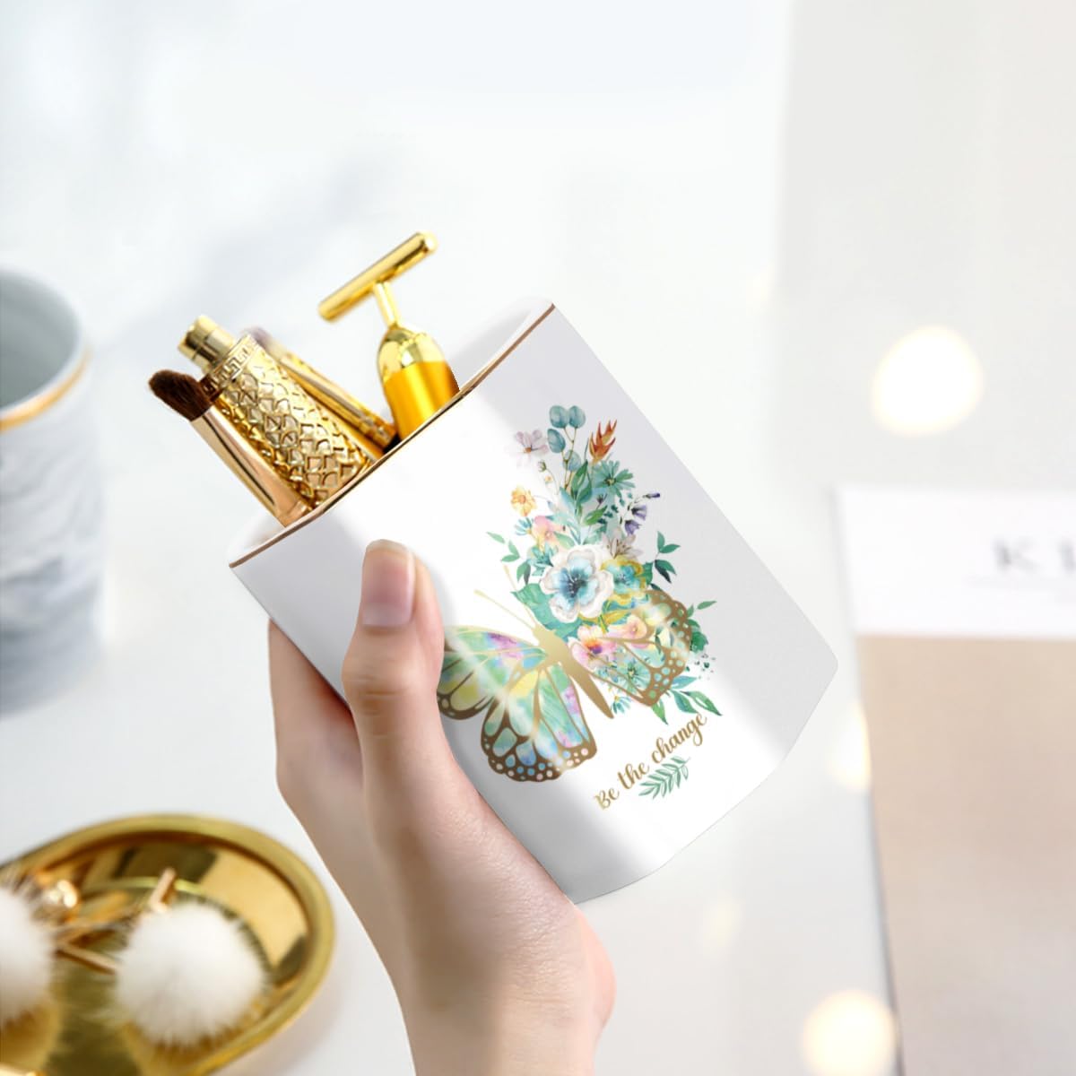 Pen Holder, Pencil Holder for Desk, Marble Desk Organizer Cute, Durable Ceramic Pencil Cup, Decorative Makeup Brush Holder Cup, Stationery Holder for Office, Home, Gray Marble
