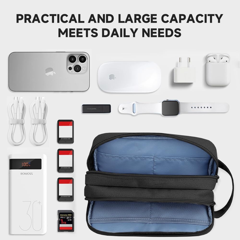 Teskyer Tech Organizer Pouch – Portable Waterproof Electronics Bag with Compartments for Cables, Chargers, Earbuds & Phone (Black)