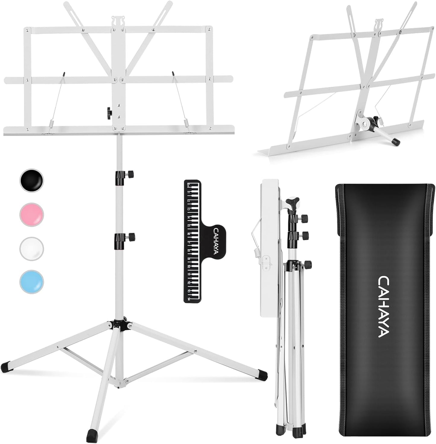 CAHAYA Portable Sheet Music Stand: Dual Use Desktop Book Holder Folding Lightweight Extra Stable Reinforced with Carrying Bag and Clip for Students Musicians Height Adjustable up to 54.3" CMS0204