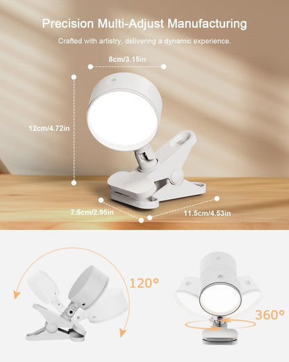 Clip on Light with 5000mAh Rechargeable Battery Operated, Eye Care Reading Light for Bed with 360° Rotation Touch & Remote, USB Clamp Light with 3 Color Modes & Dimmable for Headboard Bedside (white)