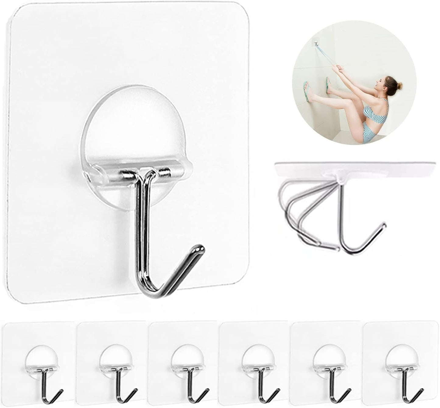 JINSHUNFA Adhesive Wall Hooks 13LB Heavy Duty No Drill Large Transparent Waterproof Hooks for Bathroom Kitchen Towel Coat 8 Pack