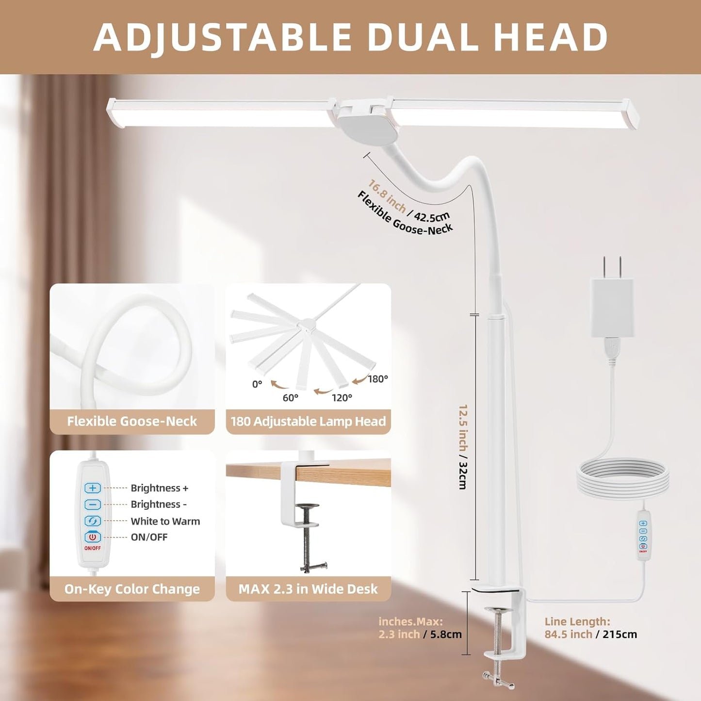 Voncerus LED Desk Lamp for Home Office, Double Head Architect Light with Clamp, Computer Monitor Clip on Light, 3 Modes and 10 Brightness, Adjustable Flexible Goose-Neck, Table Task Lamp, Black