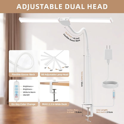 Voncerus LED Desk Lamp for Home Office, Double Head Architect Light with Clamp, Computer Monitor Clip on Light, 3 Modes and 10 Brightness, Adjustable Flexible Goose-Neck, Table Task Lamp, Black