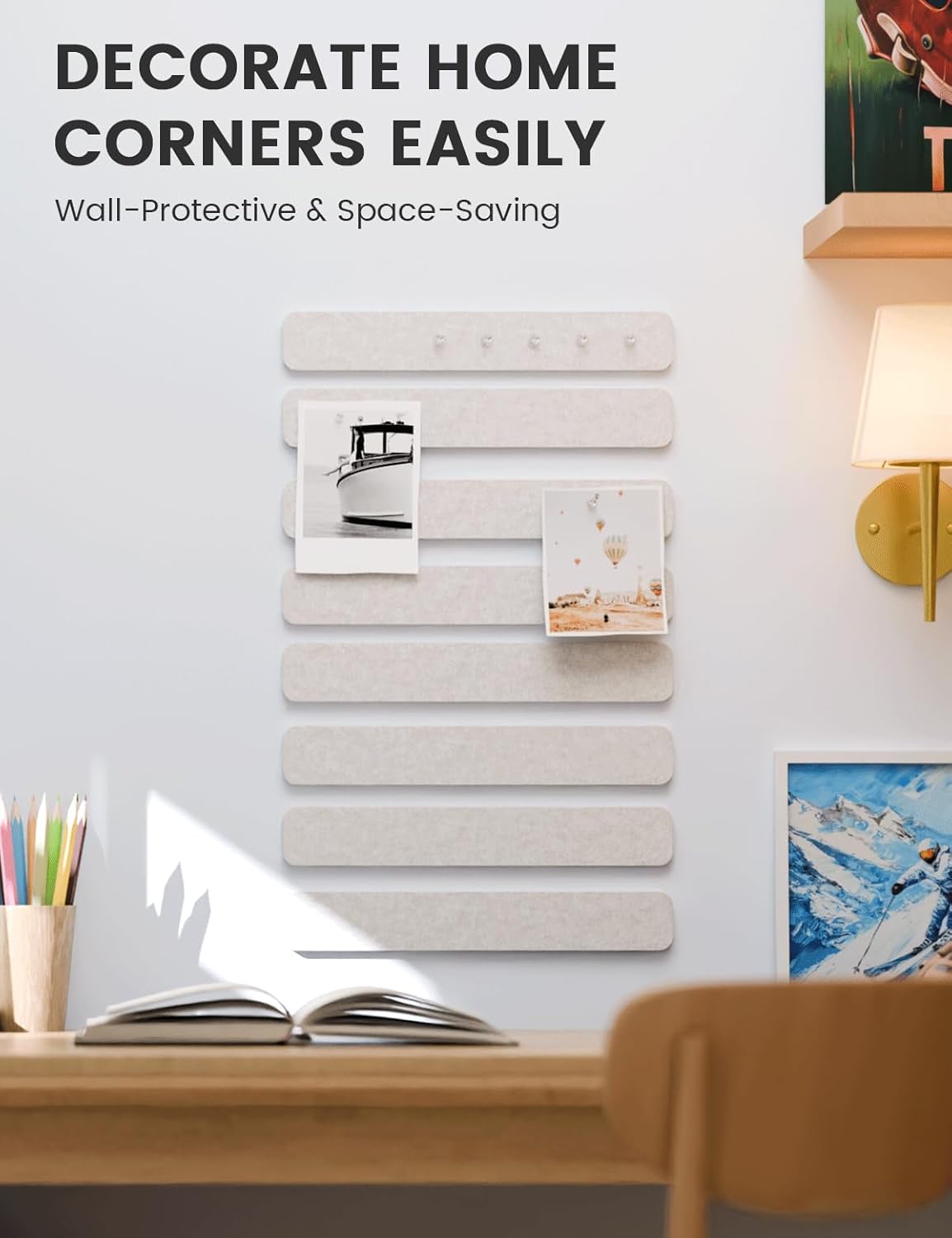Fluxynara Cork Board Alternative Felt Strip Board 8-Pack 13"x2", Office Pin Board with 50 Push Pins, Adhesive Install for Bedroom Door & Home Office(Linen Dusk)