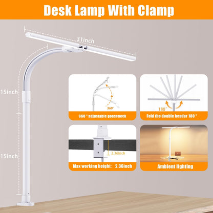 AKRRYR LED Desk Lamp for Home Office, Double Head 24W with Base, Architect Light 5 Lighting Brightness Flexible Gooseneck Table Reading Study, Black