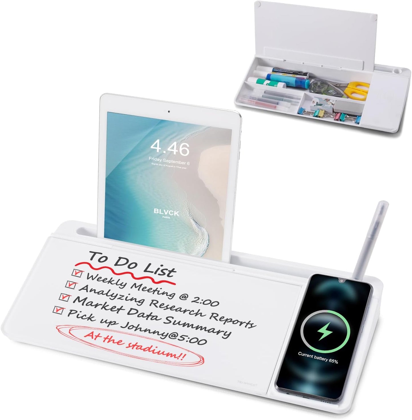 TSJ OFFICE Small Desktop Whiteboard -Glass Dry Erase Board Computer Keyboard Stand White Board Surface Pad with Drawer, Desk Organizers with Accessories for Office, Home, School Supplies - White