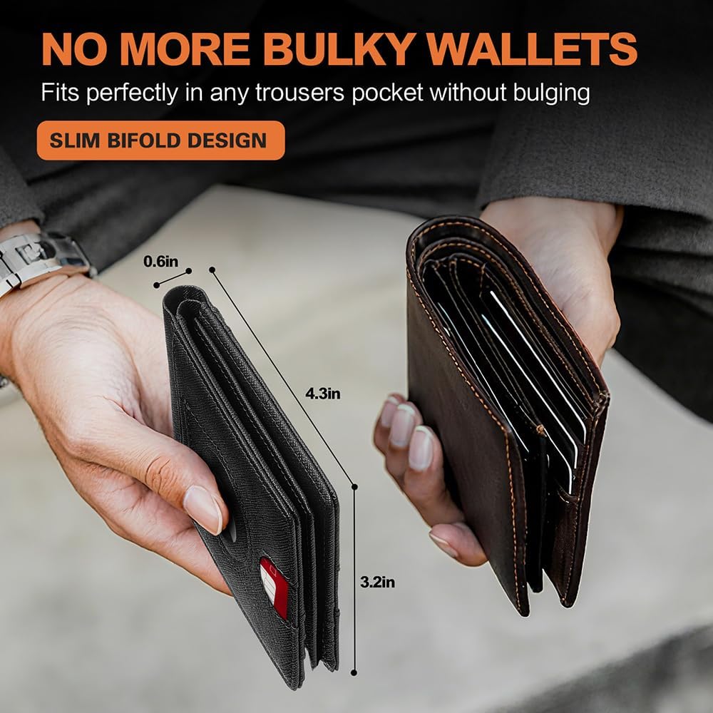 Wallet for Men Slim RFID Blocking Bifold Carbon Fiber,Minimalist Small Compact Front Pocket Credit Card Holder,Thin Mens Leather Wallets Smart Security With 2 ID Windows 1 Cash,Birthday Gifts for Men