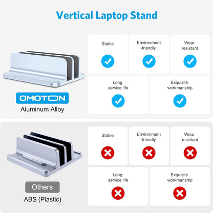 OMOTON Vertical Laptop Stand [Updated Double Version], Desktop Aluminum Mac Book Stand with Adjustable Dock Size, Fits All Mac Book, Surface, Chrome Book and Gaming Laptops (Up to 17.3 inch) (Black)