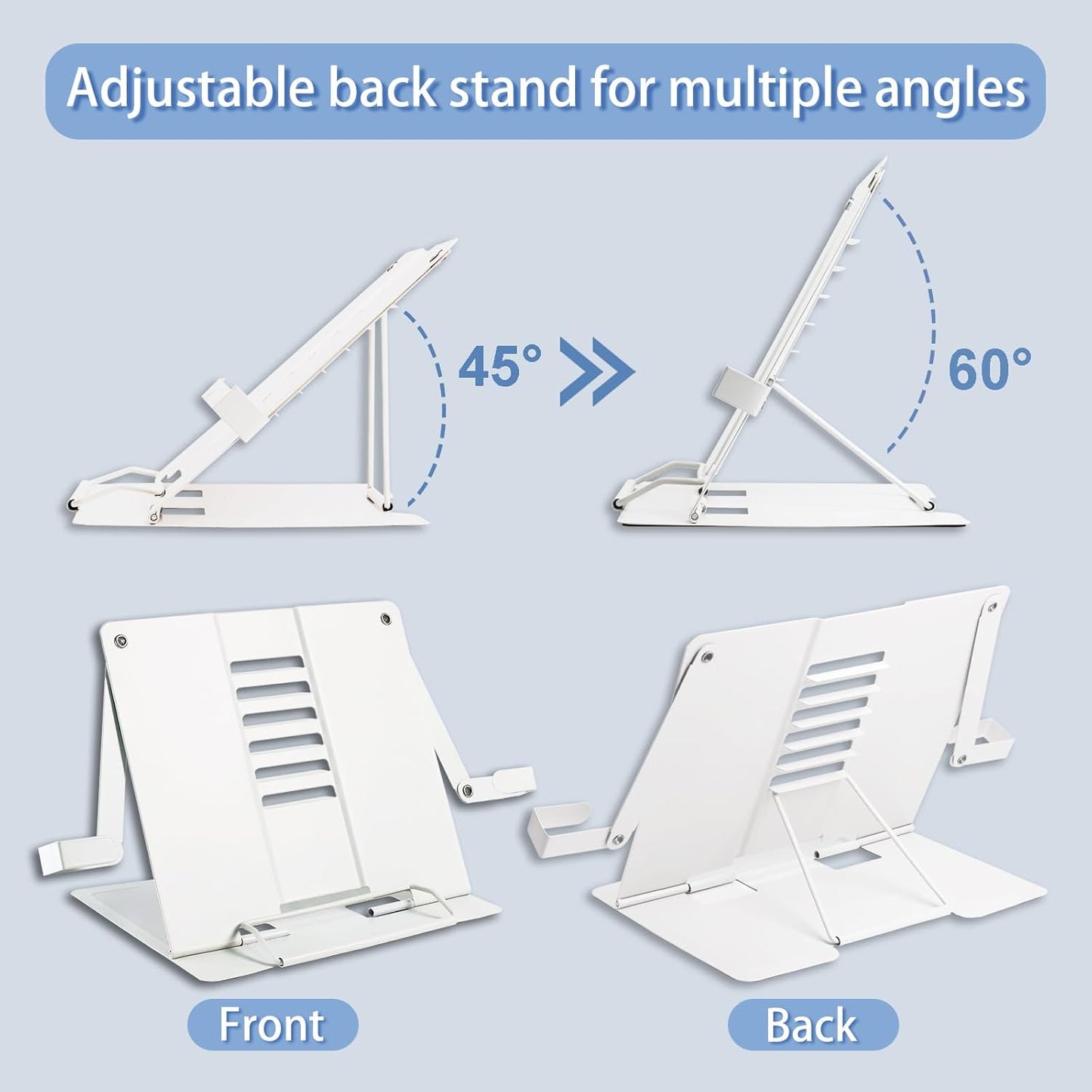 Metal Desk Book Stand for Reading with Adjustable Clips, Hands-Free Foldable Book Holder for Kids, Portable Document Stand for Desk, Display Stand for Recipes, Cookbooks, Tablets - Black