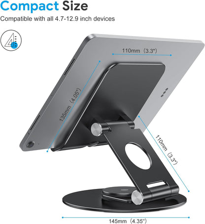OMOTON T6 Swivel Tablet Stand for iPad with 360 Rotating Base, Foldable Adjustable Holder for Drawing, Compatible with iPad Pro/Air/Mini and More, Silver