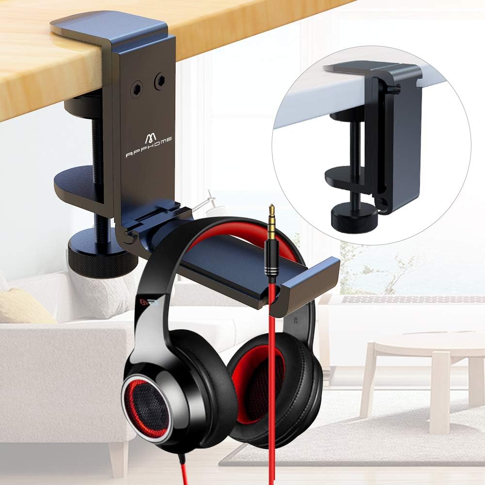 Foldable Headphone Stand Under Desk, Metal Headset Holder Hook for Desk with Cable Organizer, Space-Saving Desk Bag Hook & Backpack Hanger for Gaming Office, Universal Fit, Black