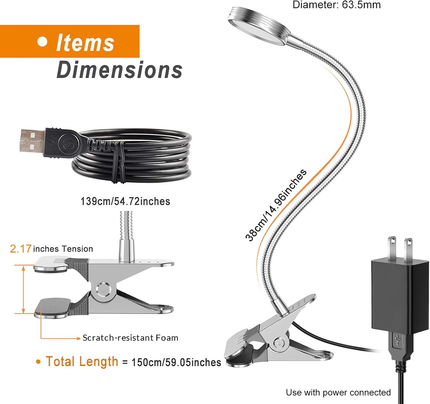 LEPOWER Clip on Light/Reading Lights/Book Light/Desk Lamp Color Changeable/Night Lights Clip on for Desk, Bed Headboard and Computers, Adapter Included (Black) Metal