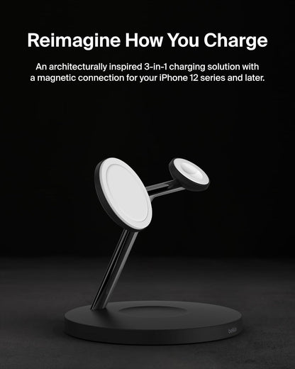Belkin MagSafe-Compatible iPhone Charger, 3-in-1 Wireless Charging Station, Qi2-Certified 15W Wireless Charge for Apple iPhone 17 Series, Apple Watch, AirPods w/Non-Slip Base, 40W Included - Black