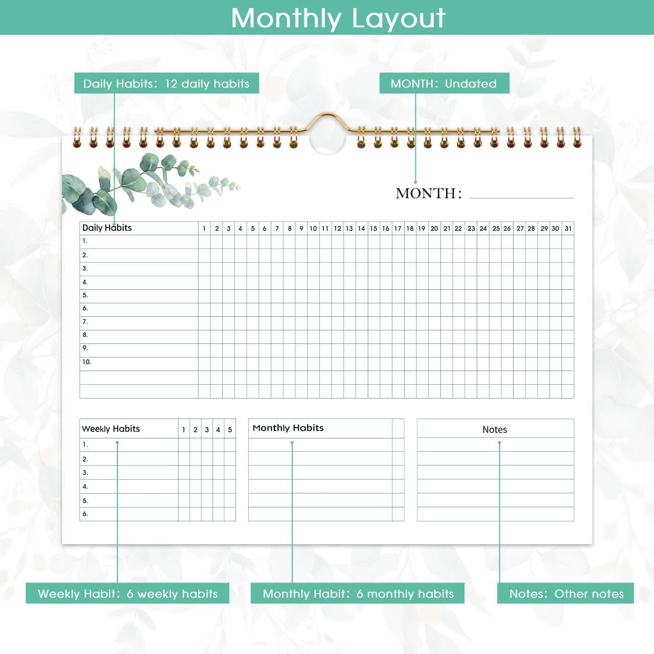 Habit Tracker Calendar - 12 Months Undated Daily Planner, 8"x10", Weekly & Monthly Period Habit Tracker Journal, Floral, Spiral Binding with Writable Goals Habits Track