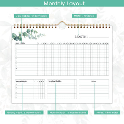 Habit Tracker Calendar - 12 Months Undated Daily Planner, 8"x10", Weekly & Monthly Period Habit Tracker Journal, Floral, Spiral Binding with Writable Goals Habits Track