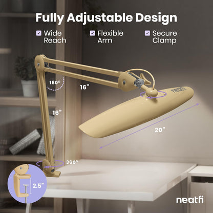 Neatfi XL 2200 Lumens 24W LED Desk Lamp – Shadow-Free Task Lighting | 4-Level Dimming | Home Office & Crafts Use | 20-Inch Wide Head (White, Non-CCT with Clamp)
