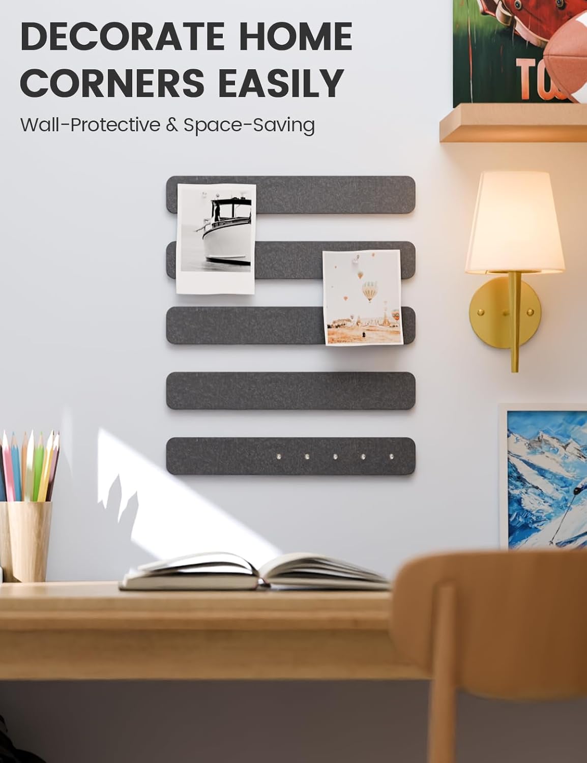Fluxynara Cork Board Alternative Felt Strip Board 8-Pack 13"x2", Office Pin Board with 50 Push Pins, Adhesive Install for Bedroom Door & Home Office(Linen Dusk)
