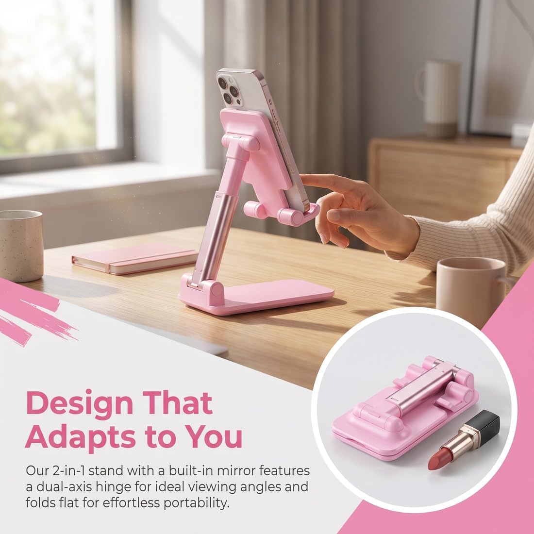Phone Stand, PhoneHolder for Desk Anti-Slip Cute OfficeAccessories Forldable Cell PhoneHolder Compatible with iPhones, AllMobile Phones, White-Silver, Pro