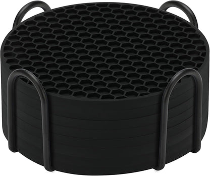 TWTLi Silicone Coasters Set of 8 with Holder,Coasters for Drinks,Beer,Coffee Coasters,Suitable for Kinds Cups,Hot or Cold,Anti-SLI,Non-Stick,Anti-Overflow Tabletop Protection and Decor (8 Pcs, Black)