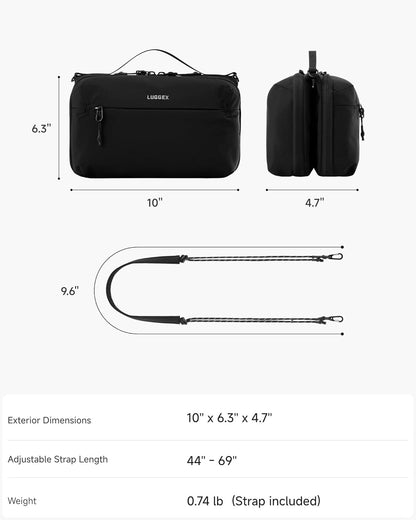 LUGGEX Large All-in-One Tech Pouch, CBX01 Cable Organizer Bag with Removable Crossbody Strap, Double Accessories Bag & Water Resistant for Kindle, Chargers, Cord, Earphone for Travel Office, Black