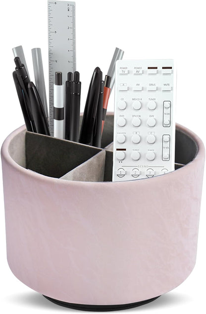 Round Leather Art Supply Organizer,Remote Control Holder,360 Degree Rotating,Multi-Functional Pencil Holder,4 Compartments Desktop Stationary Organizer(1-Fractal Flower) | Round - Colors B