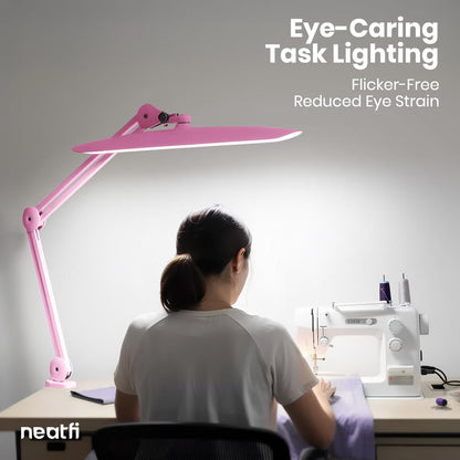 Neatfi XL 2200 Lumens 24W LED Desk Lamp – Shadow-Free Task Lighting | 4-Level Dimming | Home Office & Crafts Use | 20-Inch Wide Head (White, Non-CCT with Clamp)
