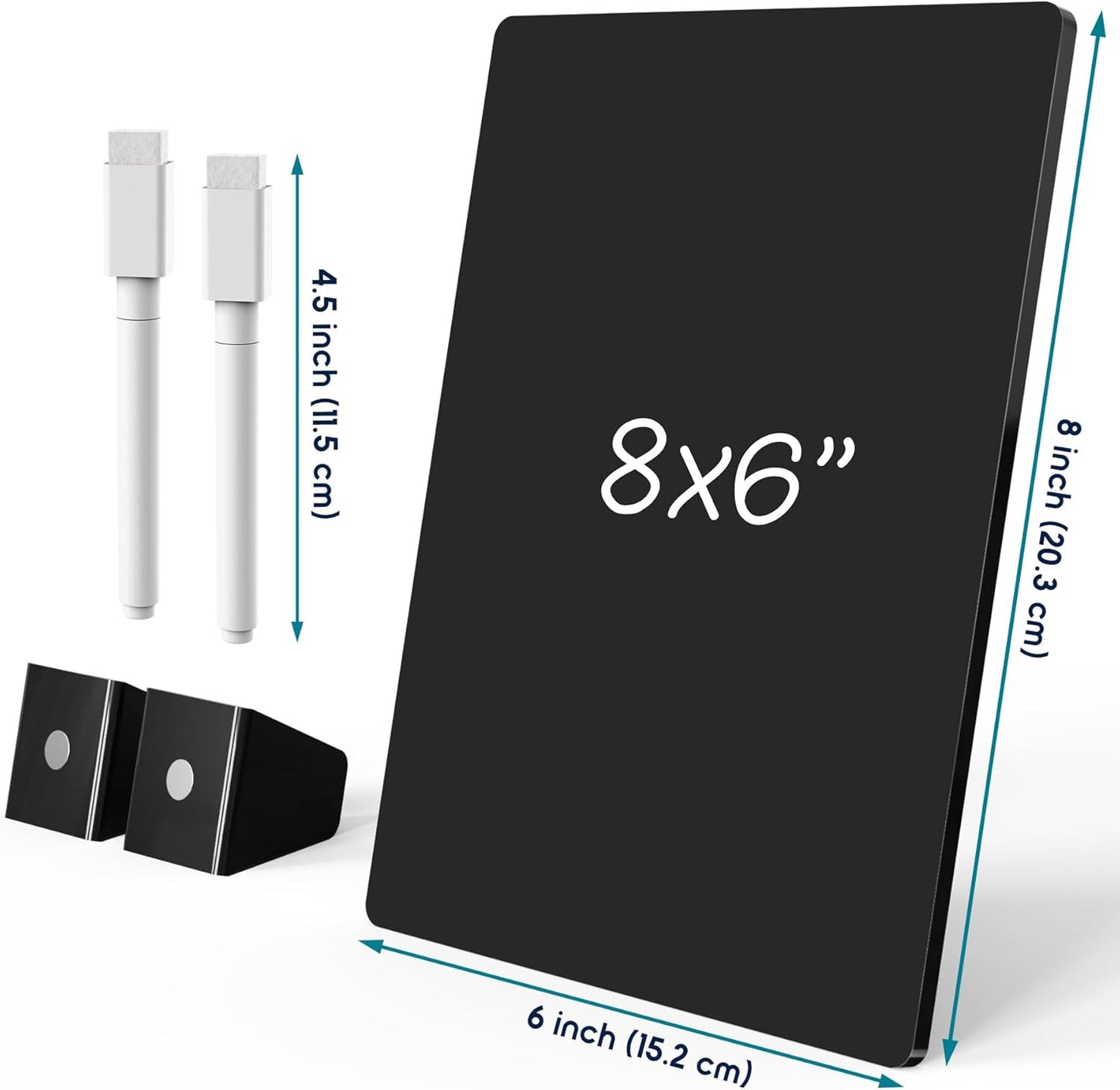 Acrylic Small Magnetic Dry Erase Board for Fridge, 8"x6" Desktop Whiteboard With Stand & Markers for Home Office School, Magnetic Note Meal Planner Grocery List Pad, Black