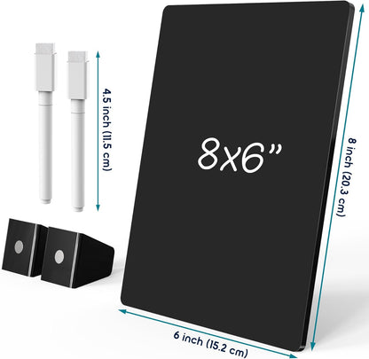 Acrylic Small Magnetic Dry Erase Board for Fridge, 8"x6" Desktop Whiteboard With Stand & Markers for Home Office School, Magnetic Note Meal Planner Grocery List Pad, Black
