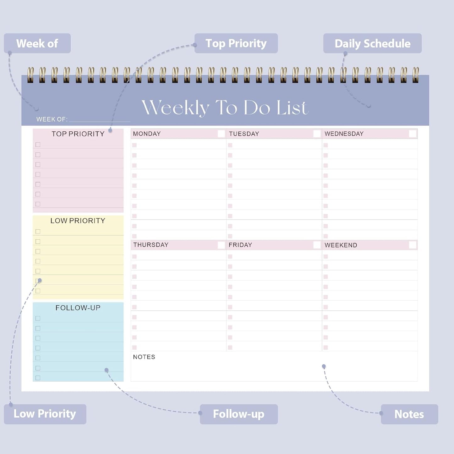 Weekly To Do List Notepad, Undated Planner with 52 Sheets (8.5''x11''), Desk Weekly Planner for Women & Man, Home School & Work
