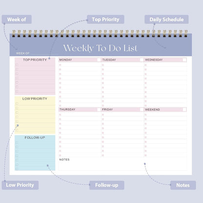 Weekly To Do List Notepad, Undated Planner with 52 Sheets (8.5''x11''), Desk Weekly Planner for Women & Man, Home School & Work
