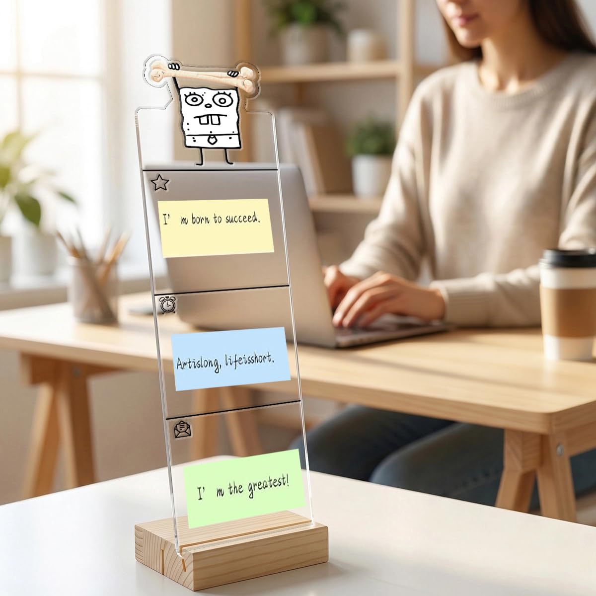 Monitor Memo Board Computer Monitor Memo Board Sticky Note Organizer Kidney Acrylic Desk Accessories Removable Wooden Base Set Sticky Notes 100 Sheets 11.8×3.1 inches