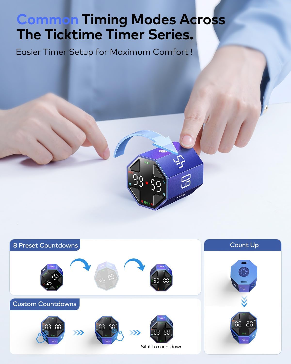 Ticktime Pomodoro Timer Cube, Custom Pomodoro, Pause & Resume, Silent, Vibrate & Adjustable Sound Alert, for ADHD, Task, Work, Study, 3/5/10/15/30/45/60min & Custom Countdown, Blue