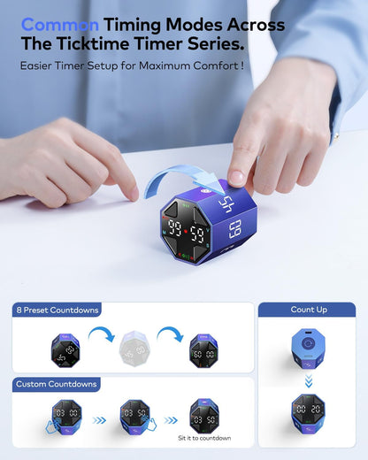 Ticktime Pomodoro Timer Cube, Custom Pomodoro, Pause & Resume, Silent, Vibrate & Adjustable Sound Alert, for ADHD, Task, Work, Study, 3/5/10/15/30/45/60min & Custom Countdown, Blue