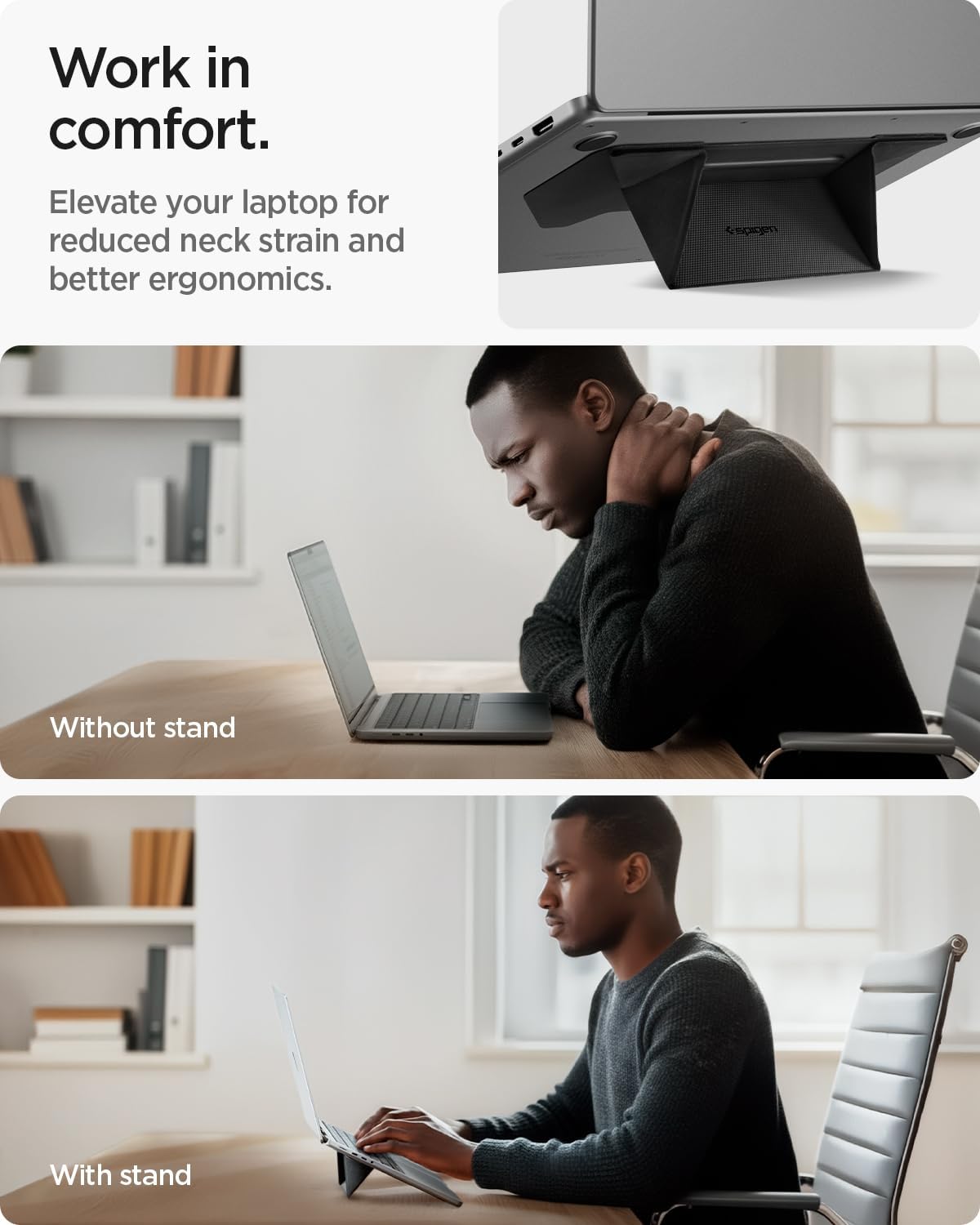 Spigen Slim Fold Portable Laptop Stand Keyboard Riser Foldable Ergonomic Angle Lift Anti-Slip Compatible with MacBook Neo, MacBook Air, MacBook Pro 11"-16" and iPad/Air/Pro and More - Black (LD201-S4)