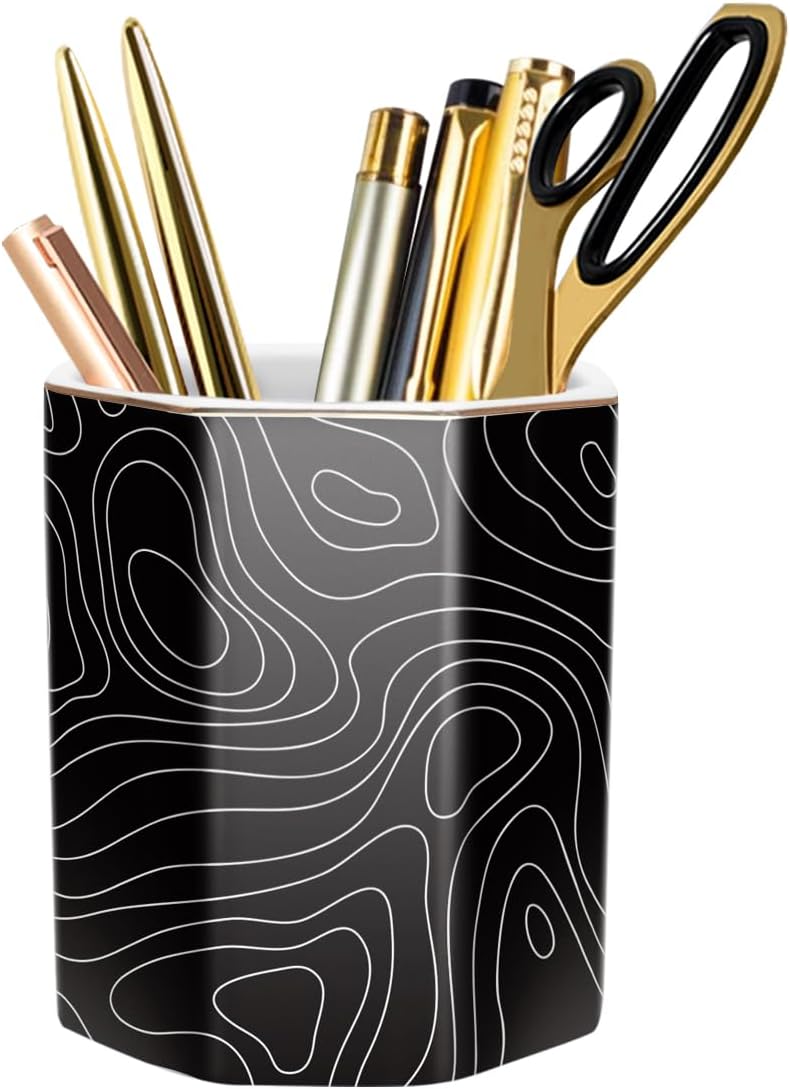 Pen Holder, Pencil Holder for Desk, Marble Desk Organizer Cute, Durable Ceramic Pencil Cup, Decorative Makeup Brush Holder Cup, Stationery Holder for Office, Home, Gray Marble