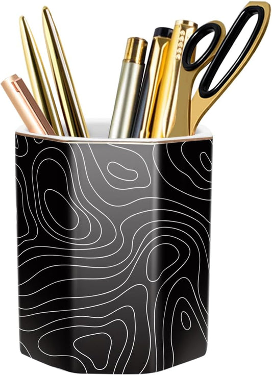 Pen Holder, Pencil Holder for Desk, Marble Desk Organizer Cute, Durable Ceramic Pencil Cup, Decorative Makeup Brush Holder Cup, Stationery Holder for Office, Home, Gray Marble